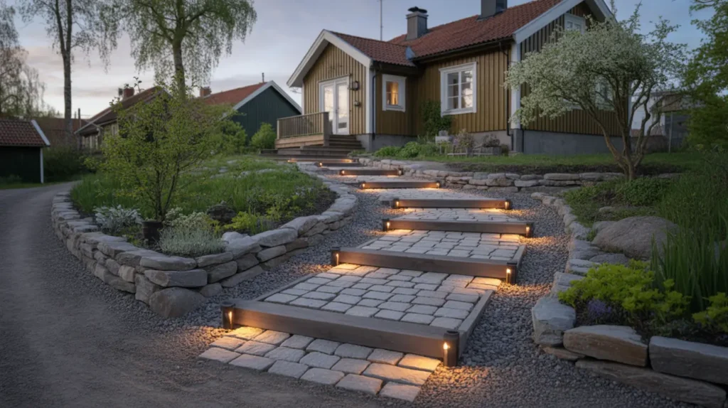 f rl ng majkv llarna med integrerad markbelysning i stenl ggningen st mning och s kra g ngar